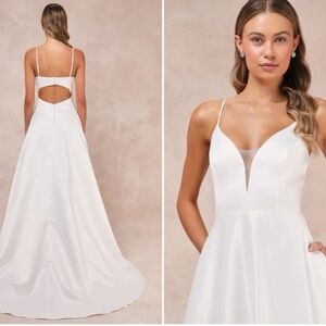 Lulus Exceptional Passion White Satin Cutout Maxi Dress With Pockets Size M